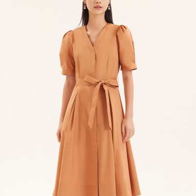 V-Neck Fitted Waist Mid-Calf Maxi Dress