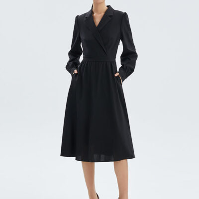 Worsted Wool V-Neck Lapel Midi Dress