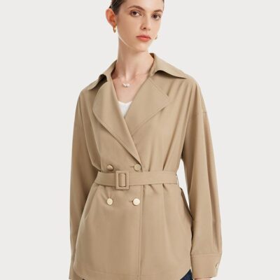 Machine Washable Silk And Woolen Short Women Trench Coat With Belt