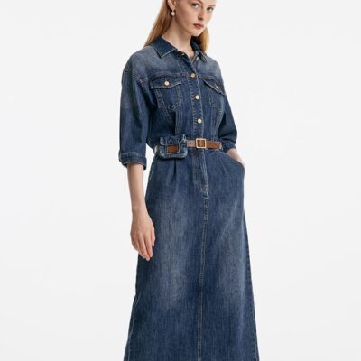 Shirt-Style Denim Maxi Dress With Belt And Waist Bag