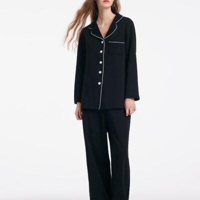 Black Long Sleeves And Pants Lapel Pajamas Two-Piece Set