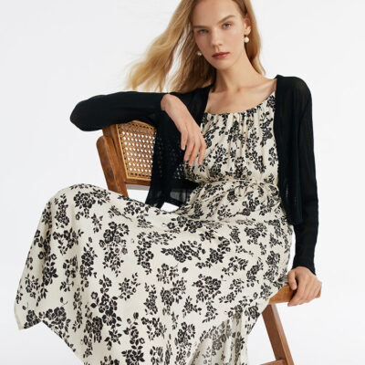 Camellia Printed Spaghetti Strap Dress And Knitted Cardigan Two-Piece Set