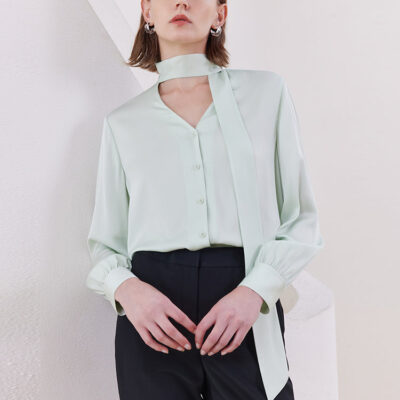 Mint Green 22 Momme Mulberry Silk Women Shirt With Flutter