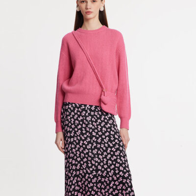 Sweater And Floral Printed Skirt Two-Piece Set With Knitted Bag