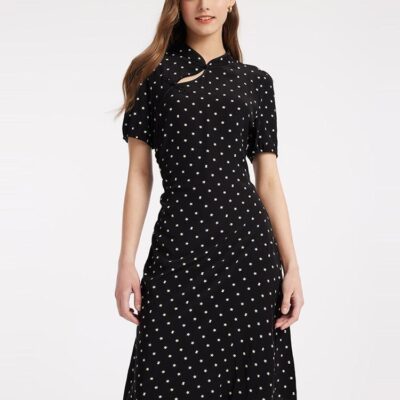 Star Printed Asymmetric Hem Cheongsam Qipao Midi Dress