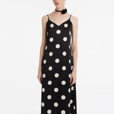 Acetate Polka Dots Printed Spaghetti Strap Women Midi Dress With Rose Belt