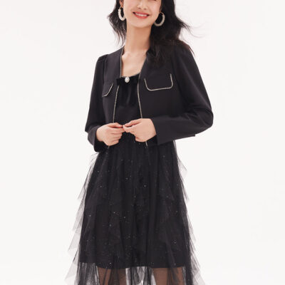 Women Jacket And Netted Gauze Dress Two-Piece Set