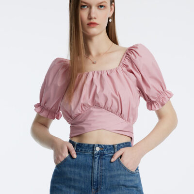 Pink Bowknot Pleated Princess Sleeve Women Blouse