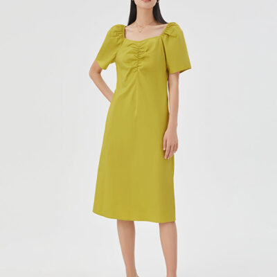 Puff Sleeve Gathered Pleated Midi Dress