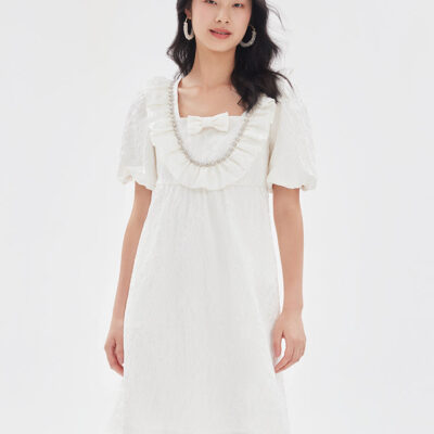 White Jacquard Bowknot Ruffle Mini Dress