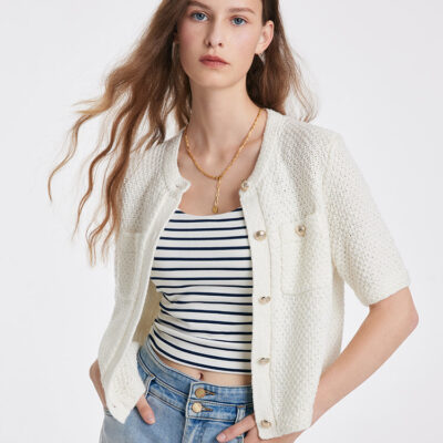 Pure Cotton Openwork Round Neck Knitted Women Cardigan