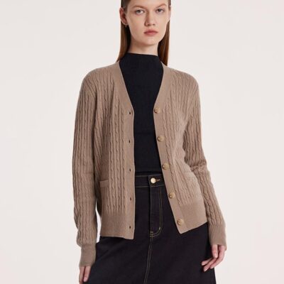 Camel Pure Cashmere V-Neck Cable Knit Women Cardigan