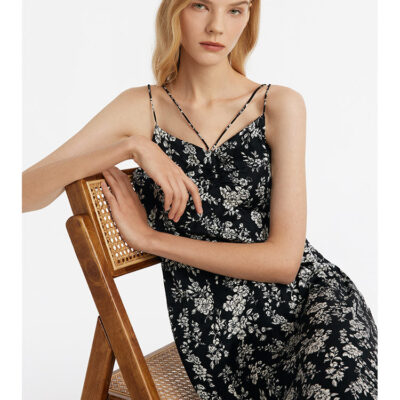 Camellia Printed Spaghetti Strap Women Midi Dress