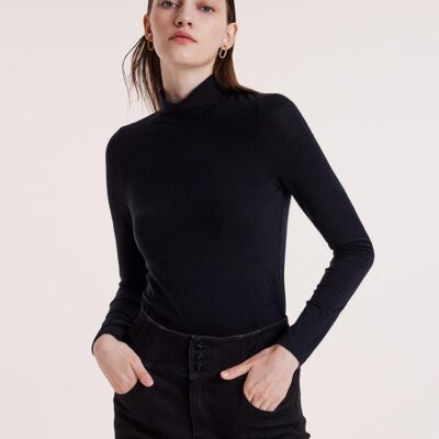 Pure Washable Wool Mock Neck Sheath Knit Women Sweater