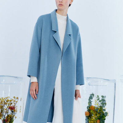 Blue Pure Double-Faced Wool Wrap Coat