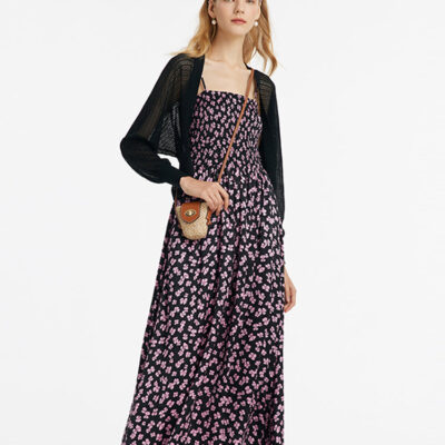 Bowknot Printed Spaghetti Strap Maxi Dress And Knitted Cardigan Two-Piece Set With Scrunchie