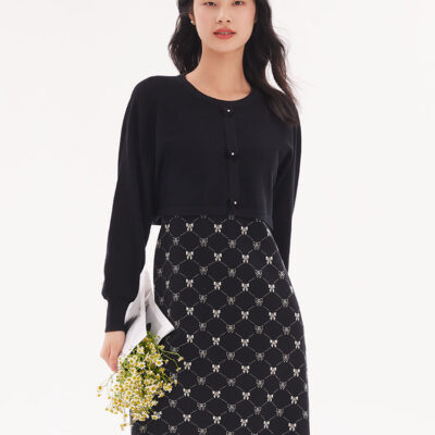 Bowknot Round Neck Jacquard Dress And Cardigan Two-piece Set