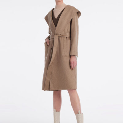 Brown Cashmere Hooded Wrapped Coat