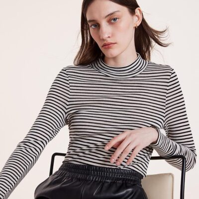 Washable Wool Striped Mock Neck Slim Women Sweater