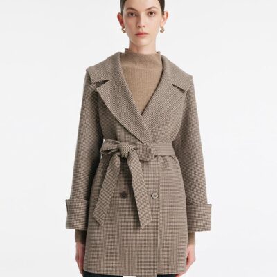 Navy Collar Mid-Length Lapel Women Coat With Belt