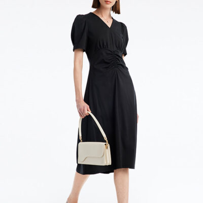 V-neck Pleated Midi Dress