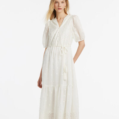 Tencel V-Neck Embroidered Women Maxi Dress With Belt