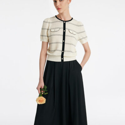 Contrast Trim Striped Knit Top And Half Skirt Two-Piece Set