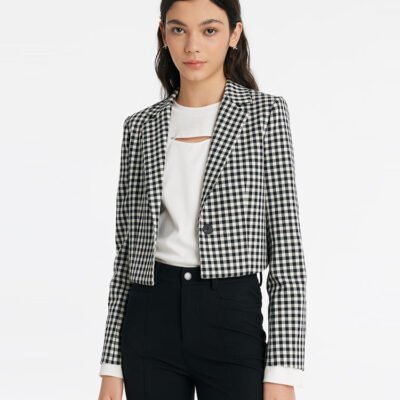 Black And White Check Women Crop Blazer