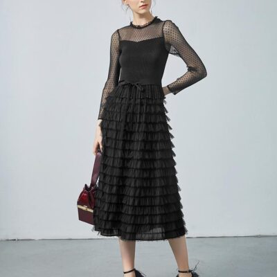 Pleated Tiered Sheer Sleeve Cake Midi Dress