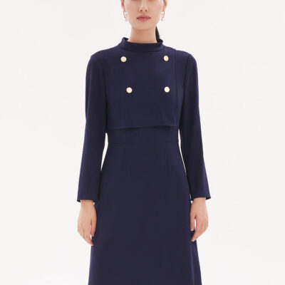 Triacetate Stand Collar Gathered Waist Midi Dress