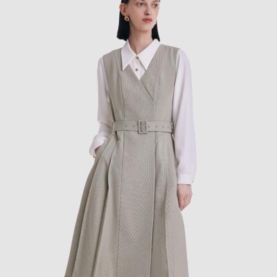 Light Olive Grey Shirt And Vest Dress Two-Piece Set