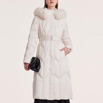 Gathered Waist Long Goose Down Garment With Faux-Fur Collar