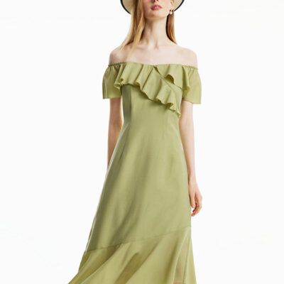 Matcha Green Off Shoulder Ruffle Midi Dress