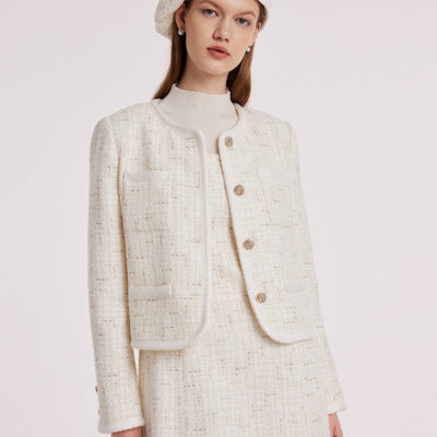 White Knitted Tweed Crop Jacket