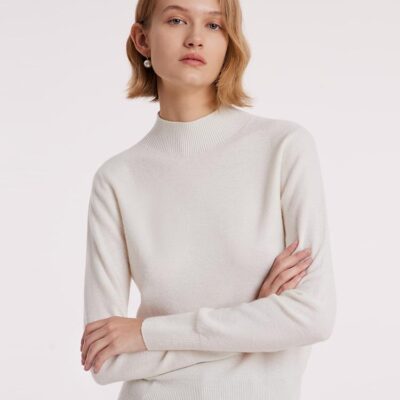 White Wool Sequins Seamless Mock Neck Women Sweater