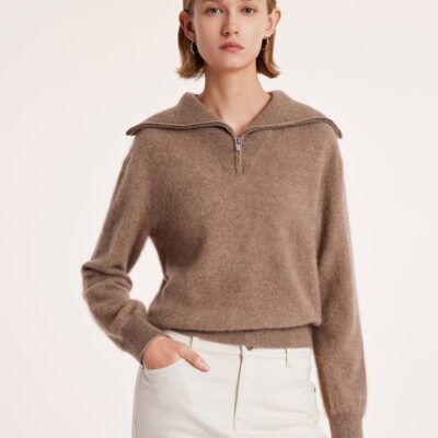 Pure Cashmere Zippered Lapel Women Sweater