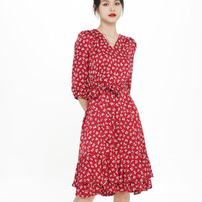 V-neck Floral Bowknot Midi Dress