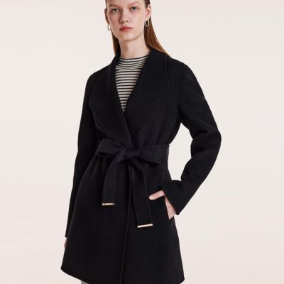 Tencel Wool Notched Lapel Mid-Length Coat With Belt