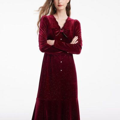 Detachable Bowknot Velvet Midi Women Dress