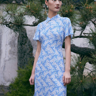 Blue Floral Cheongsam Qipao Mini Dress