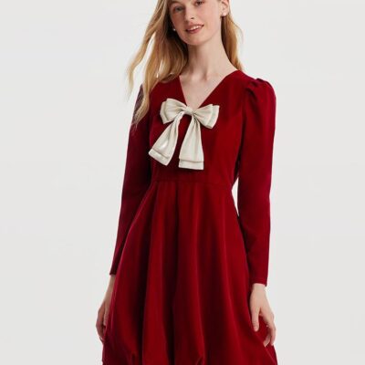 Red Velvet Mini Dress With Detachable Bowknot