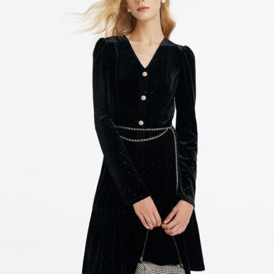 Velvet V-Neck Women Dress With Chain Belt