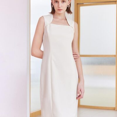 Off White Worsted Woolen Slim Midi Dress