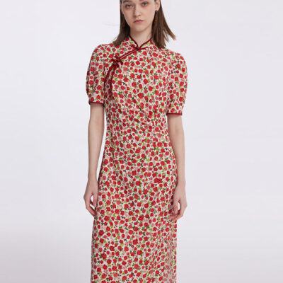 Red Rose Print Cheongsam Women Qipao Midi Dress