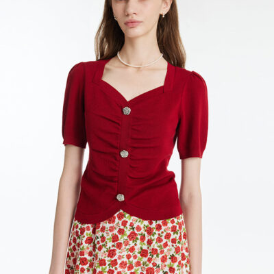 Tencel-Silk Blend Ruched Women Knit Top With Rose Shaped Button