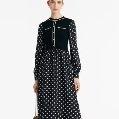 22 Momme Mulberry Silk Patchwork Polka Dots Printed Women Midi Dress