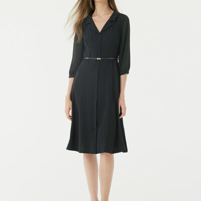 Black Gathered Waist Midi Dress