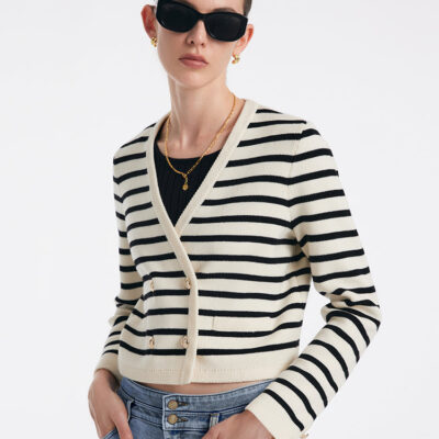 V-Neck Striped Double-Breasted Knitted Cardigan