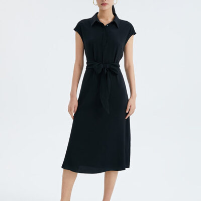 Black Acetate Fitted Shirt Midi Dress