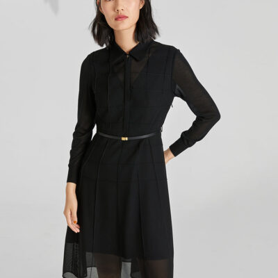 Black Triacetate Tulle Long Sleeve Dress With Belt